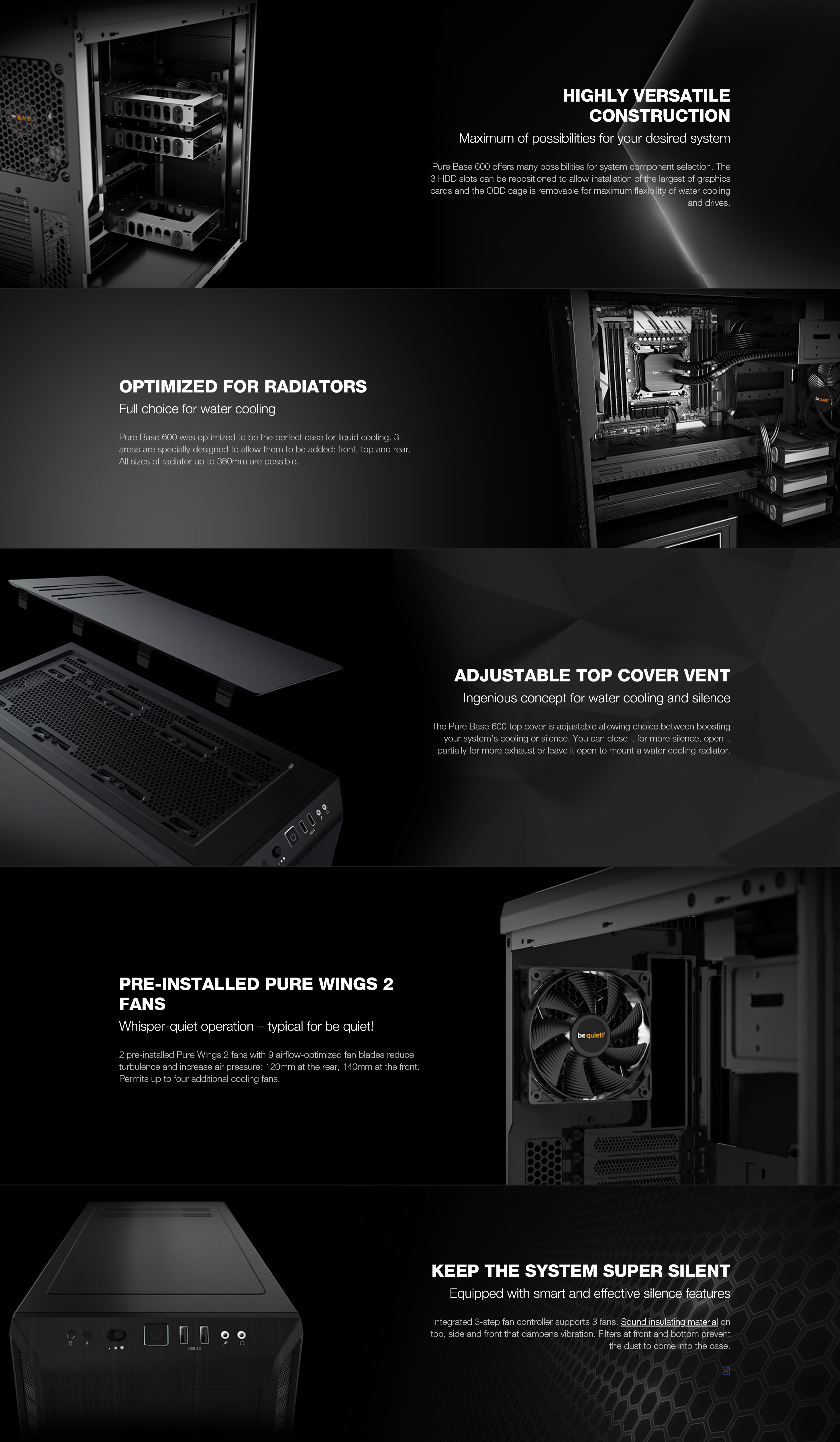 A large marketing image providing additional information about the product be quiet! PURE BASE 600 Mid Tower Case - Black - Additional alt info not provided